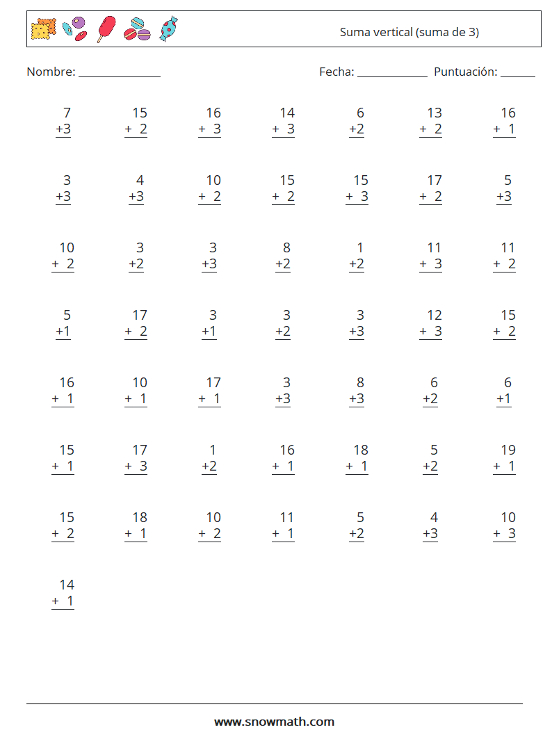 (50) Suma vertical (suma de 3) Hojas de trabajo de matemáticas 7