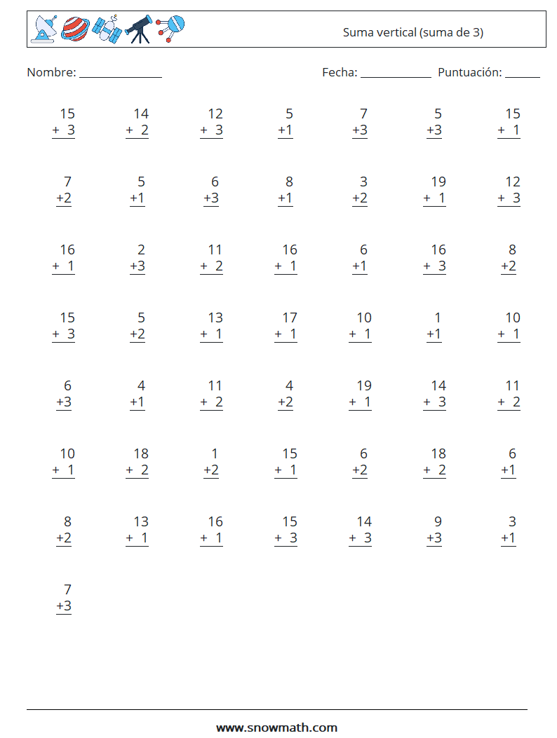 (50) Suma vertical (suma de 3) Hojas de trabajo de matemáticas 8