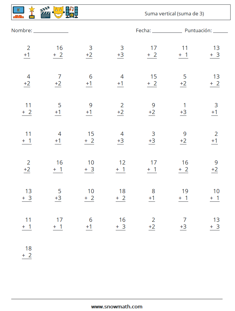 (50) Suma vertical (suma de 3) Hojas de trabajo de matemáticas 9