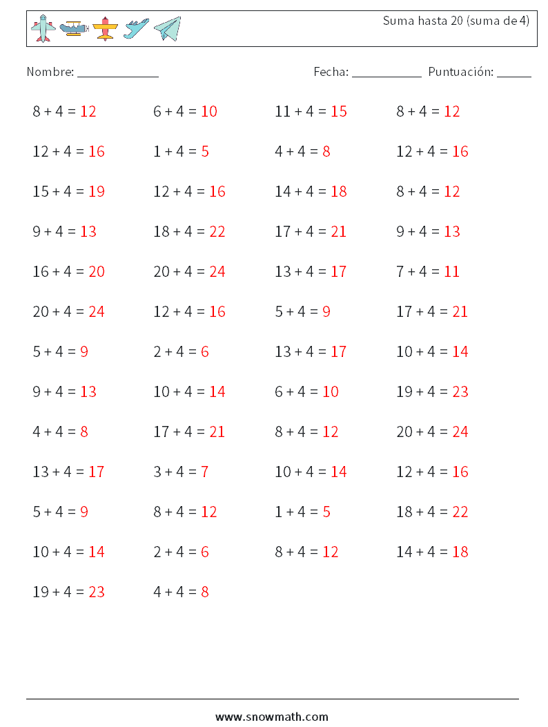 (50) Suma hasta 20 (suma de 4) Hojas de trabajo de matemáticas 1 Pregunta, respuesta