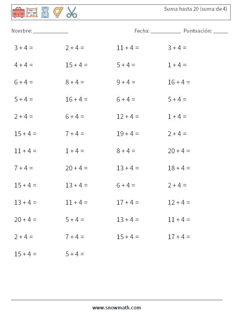 (50) Suma hasta 20 (suma de 4) Hojas de trabajo de matemáticas 2