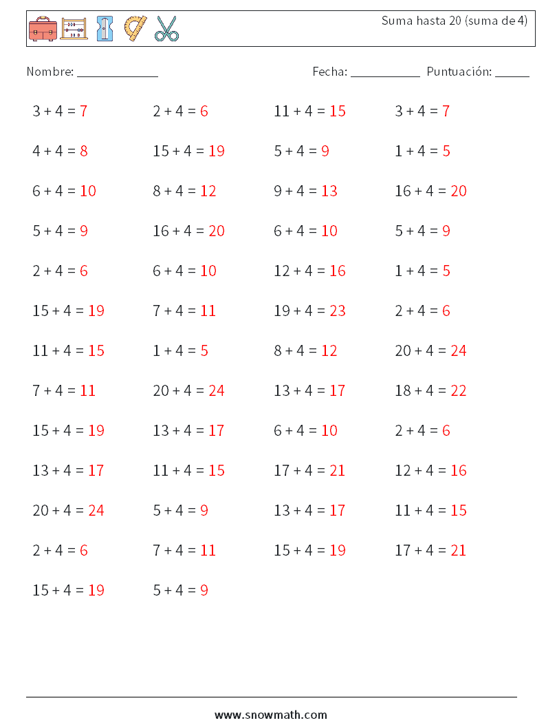 (50) Suma hasta 20 (suma de 4) Hojas de trabajo de matemáticas 2 Pregunta, respuesta