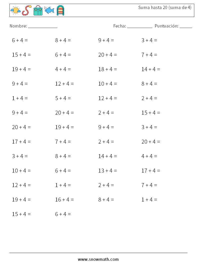 (50) Suma hasta 20 (suma de 4) Hojas de trabajo de matemáticas 3
