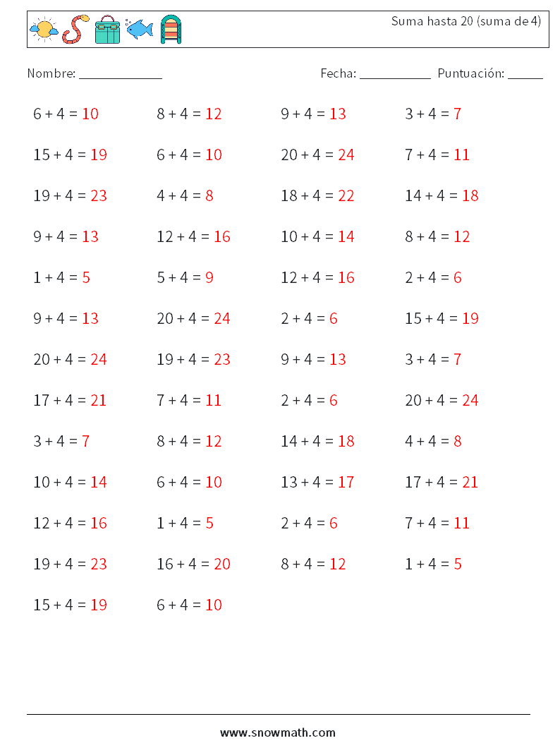 (50) Suma hasta 20 (suma de 4) Hojas de trabajo de matemáticas 3 Pregunta, respuesta