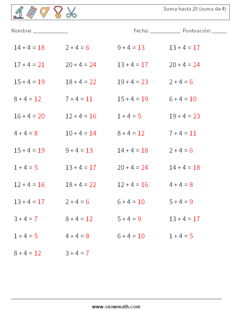 (50) Suma hasta 20 (suma de 4) Hojas de trabajo de matemáticas 4 Pregunta, respuesta