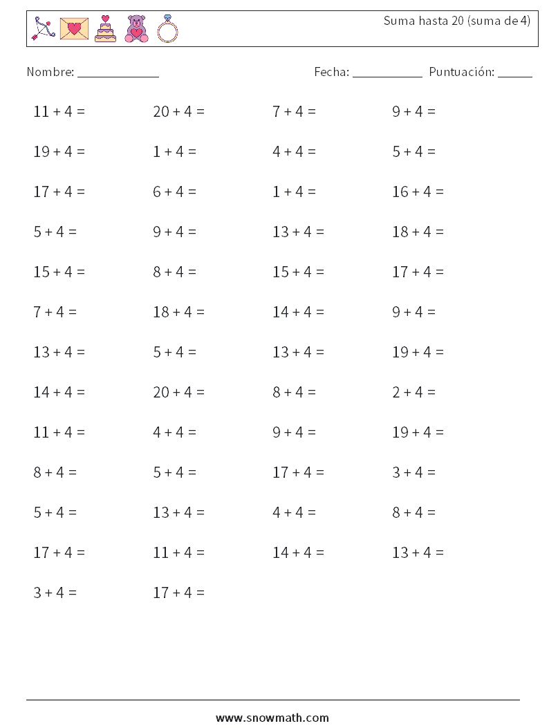 (50) Suma hasta 20 (suma de 4) Hojas de trabajo de matemáticas 5