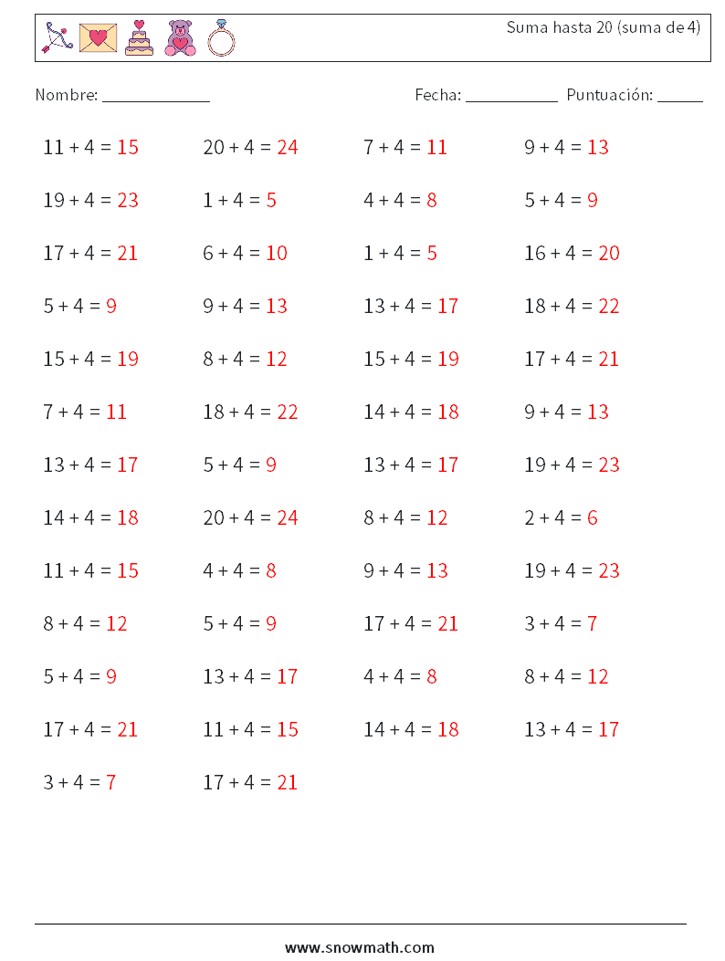 (50) Suma hasta 20 (suma de 4) Hojas de trabajo de matemáticas 5 Pregunta, respuesta