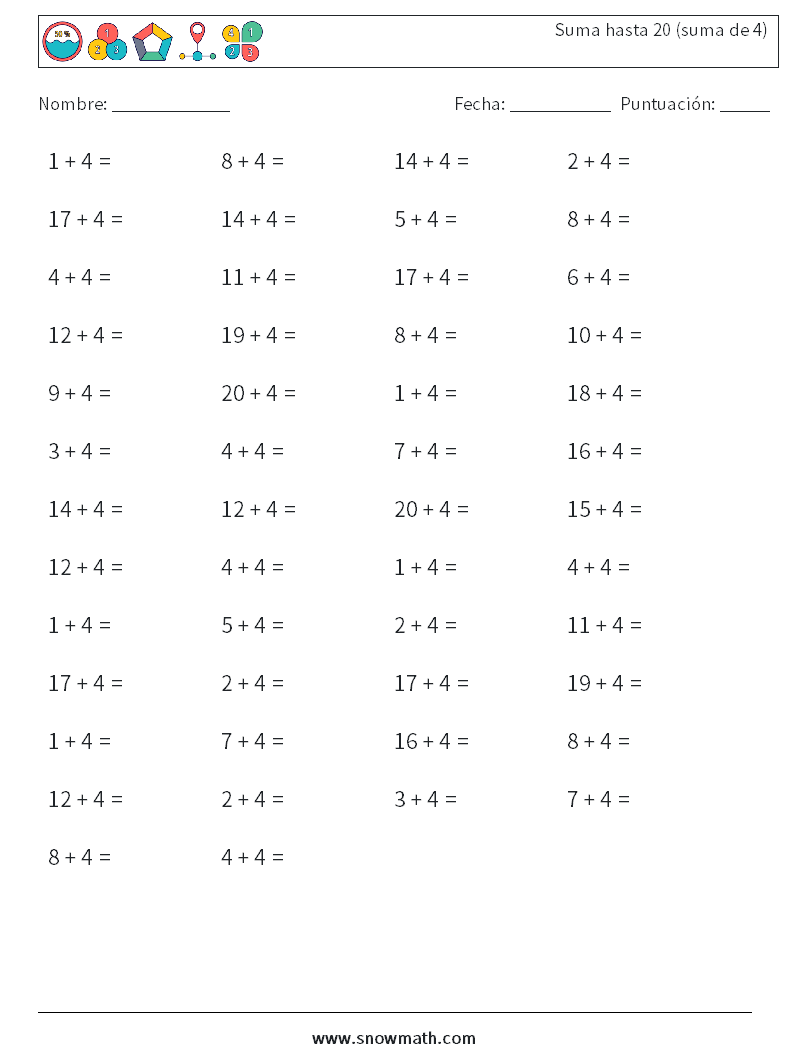 (50) Suma hasta 20 (suma de 4) Hojas de trabajo de matemáticas 6
