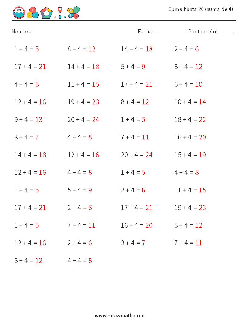 (50) Suma hasta 20 (suma de 4) Hojas de trabajo de matemáticas 6 Pregunta, respuesta
