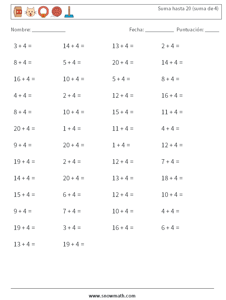 (50) Suma hasta 20 (suma de 4) Hojas de trabajo de matemáticas 7