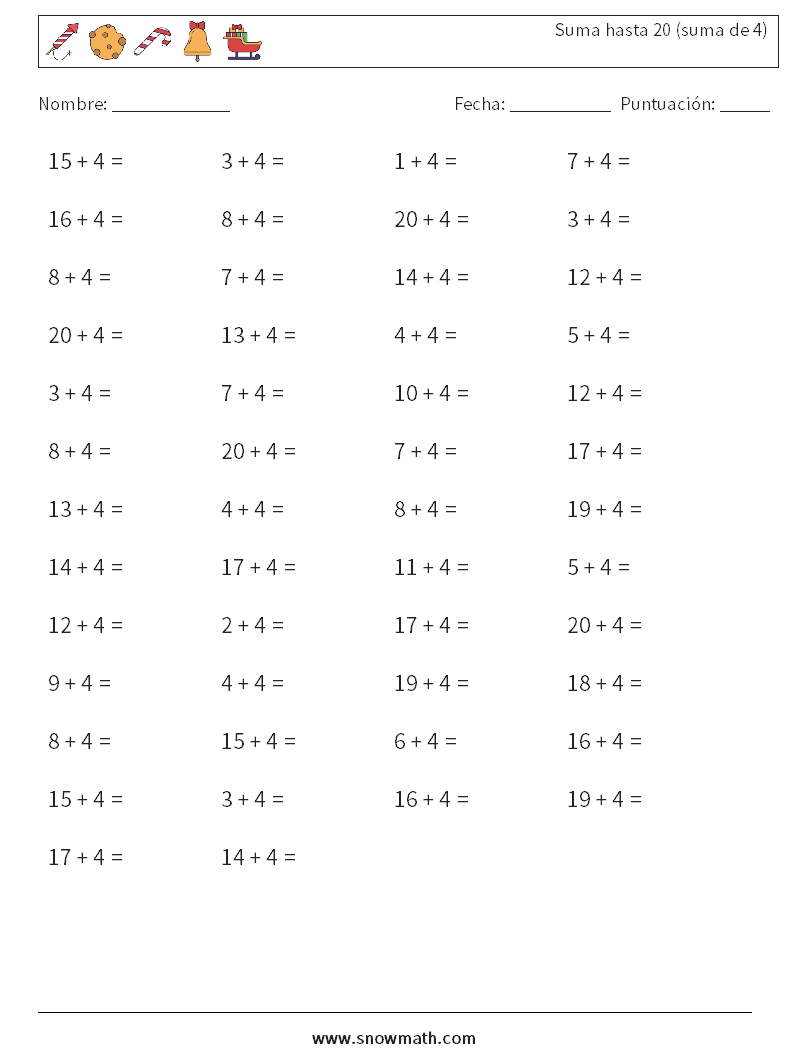 (50) Suma hasta 20 (suma de 4) Hojas de trabajo de matemáticas 8