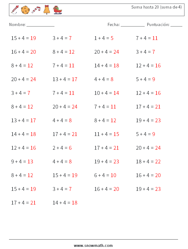 (50) Suma hasta 20 (suma de 4) Hojas de trabajo de matemáticas 8 Pregunta, respuesta