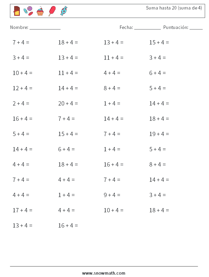 (50) Suma hasta 20 (suma de 4) Hojas de trabajo de matemáticas 9