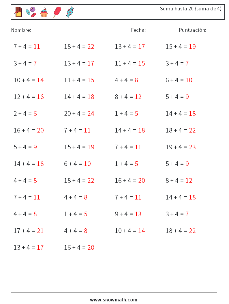 (50) Suma hasta 20 (suma de 4) Hojas de trabajo de matemáticas 9 Pregunta, respuesta