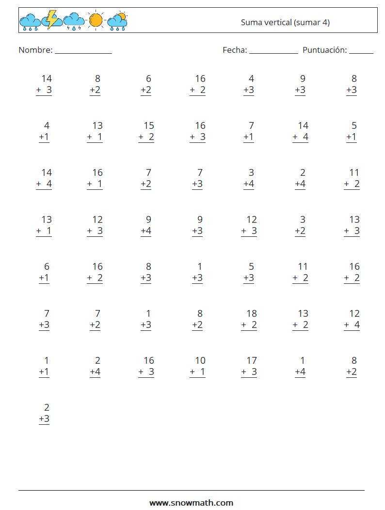 (50) Suma vertical (sumar 4) Hojas de trabajo de matemáticas 10