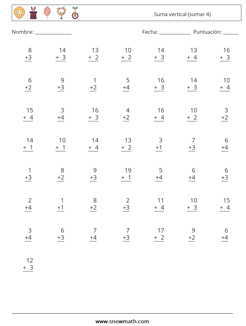 (50) Suma vertical (sumar 4) Hojas de trabajo de matemáticas 12