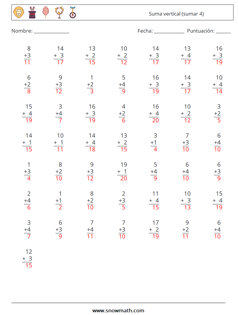 (50) Suma vertical (sumar 4) Hojas de trabajo de matemáticas 12 Pregunta, respuesta