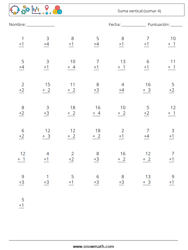 (50) Suma vertical (sumar 4) Hojas de trabajo de matemáticas 13