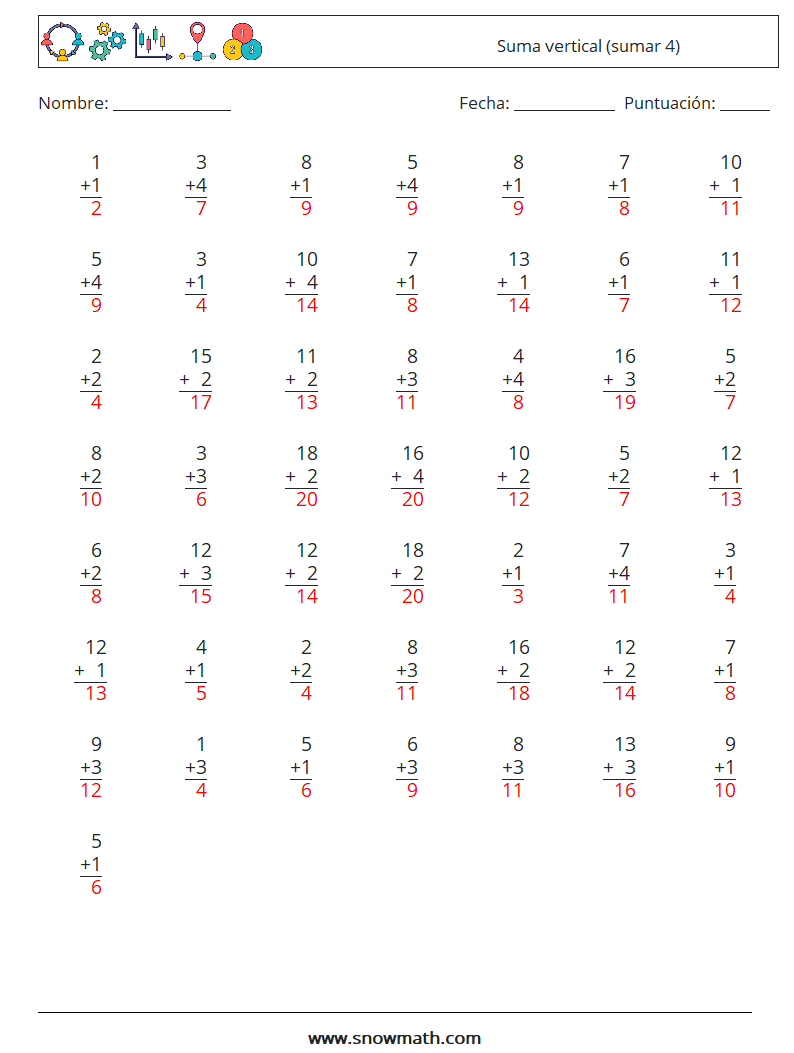 (50) Suma vertical (sumar 4) Hojas de trabajo de matemáticas 13 Pregunta, respuesta