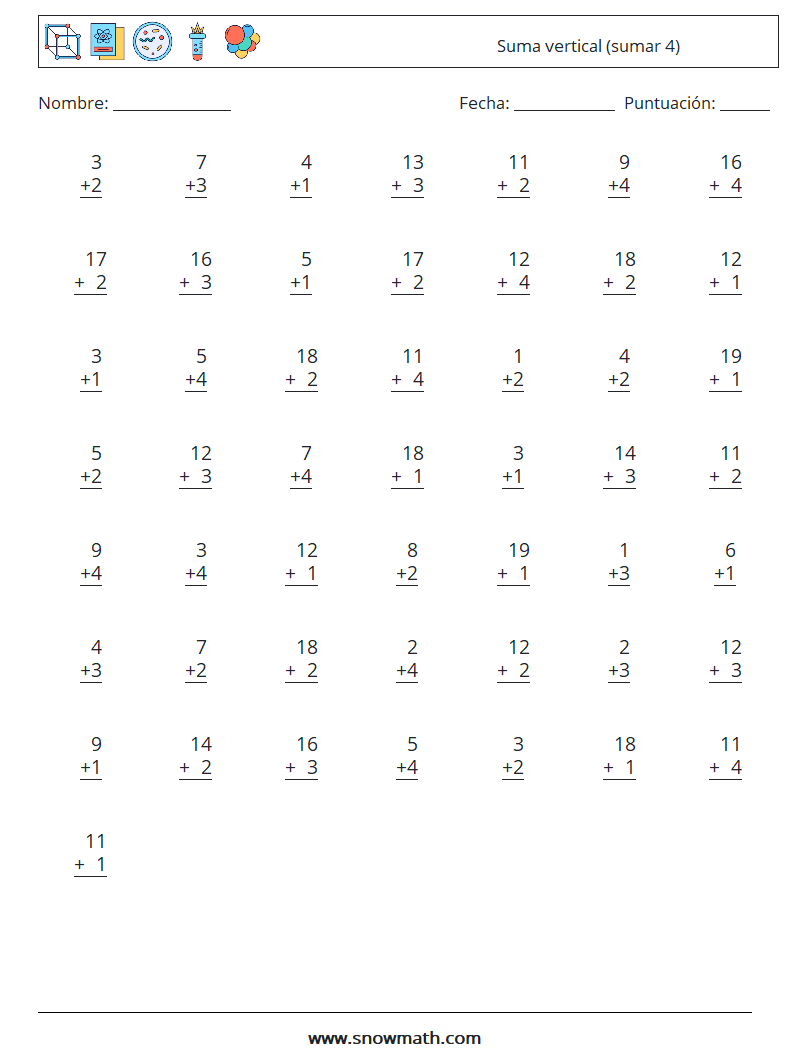 (50) Suma vertical (sumar 4) Hojas de trabajo de matemáticas 14