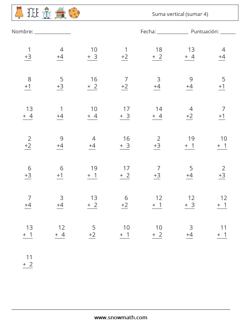 (50) Suma vertical (sumar 4) Hojas de trabajo de matemáticas 15