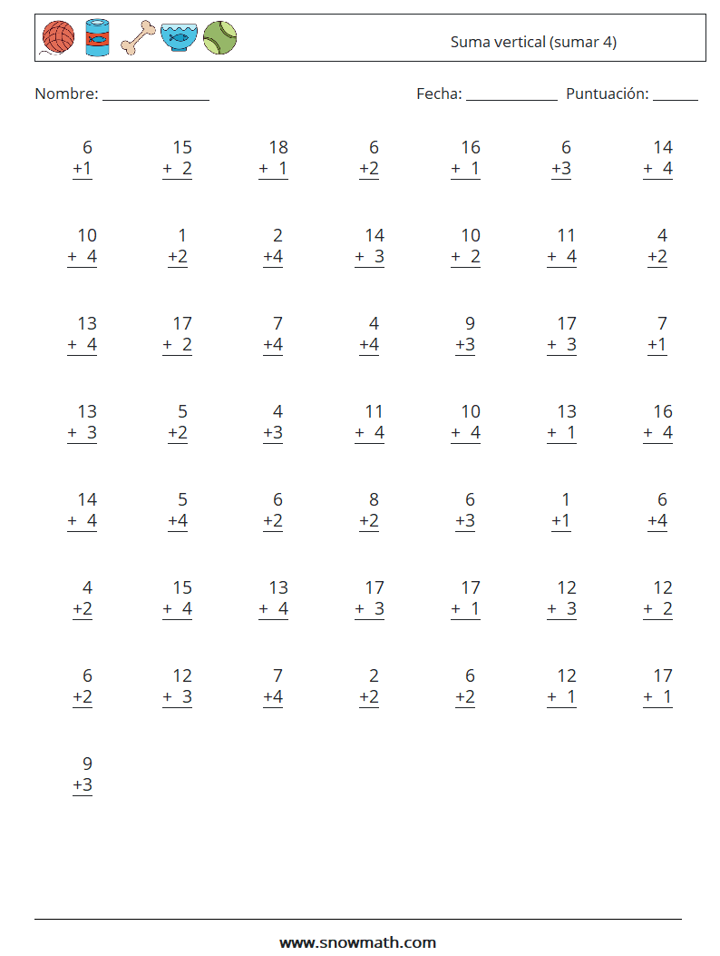 (50) Suma vertical (sumar 4) Hojas de trabajo de matemáticas 16
