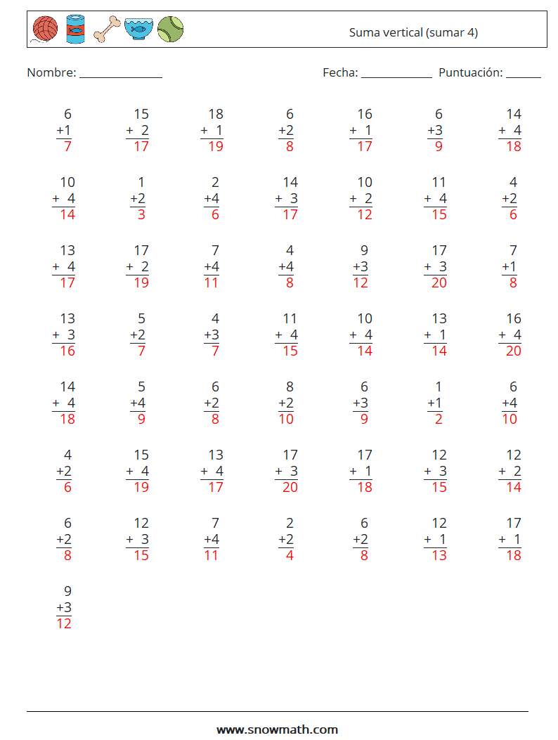 (50) Suma vertical (sumar 4) Hojas de trabajo de matemáticas 16 Pregunta, respuesta