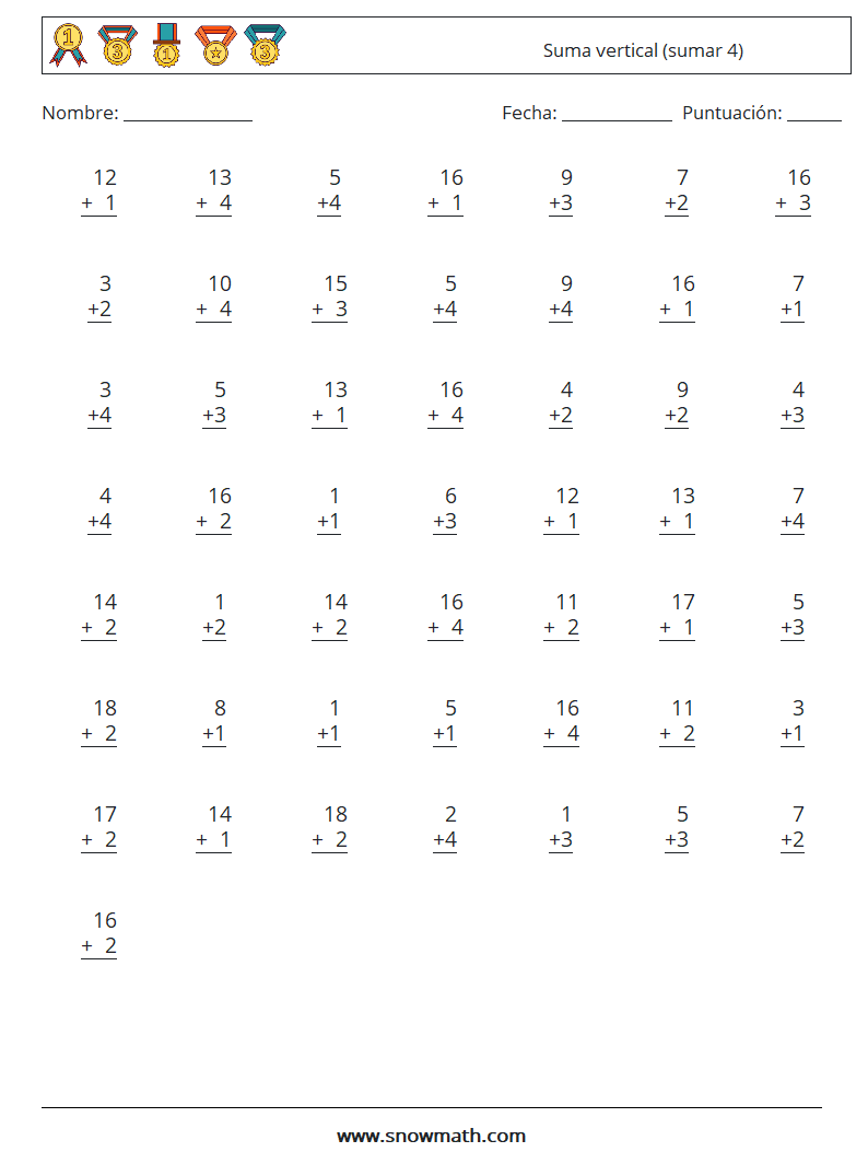(50) Suma vertical (sumar 4) Hojas de trabajo de matemáticas 17