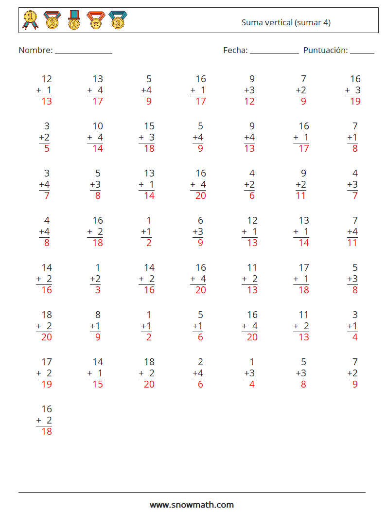 (50) Suma vertical (sumar 4) Hojas de trabajo de matemáticas 17 Pregunta, respuesta