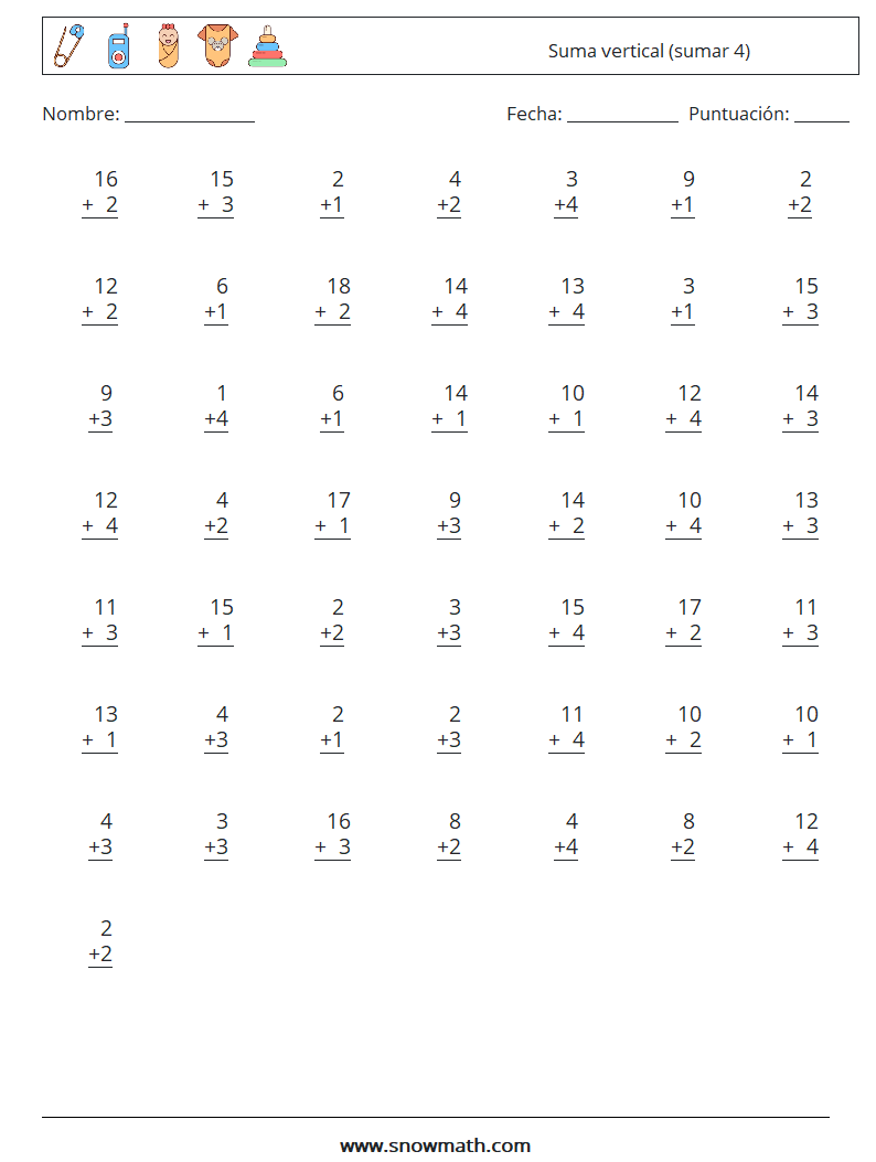 (50) Suma vertical (sumar 4) Hojas de trabajo de matemáticas 2