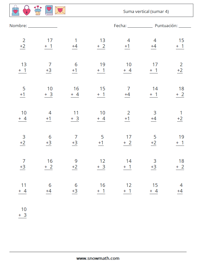(50) Suma vertical (sumar 4) Hojas de trabajo de matemáticas 5