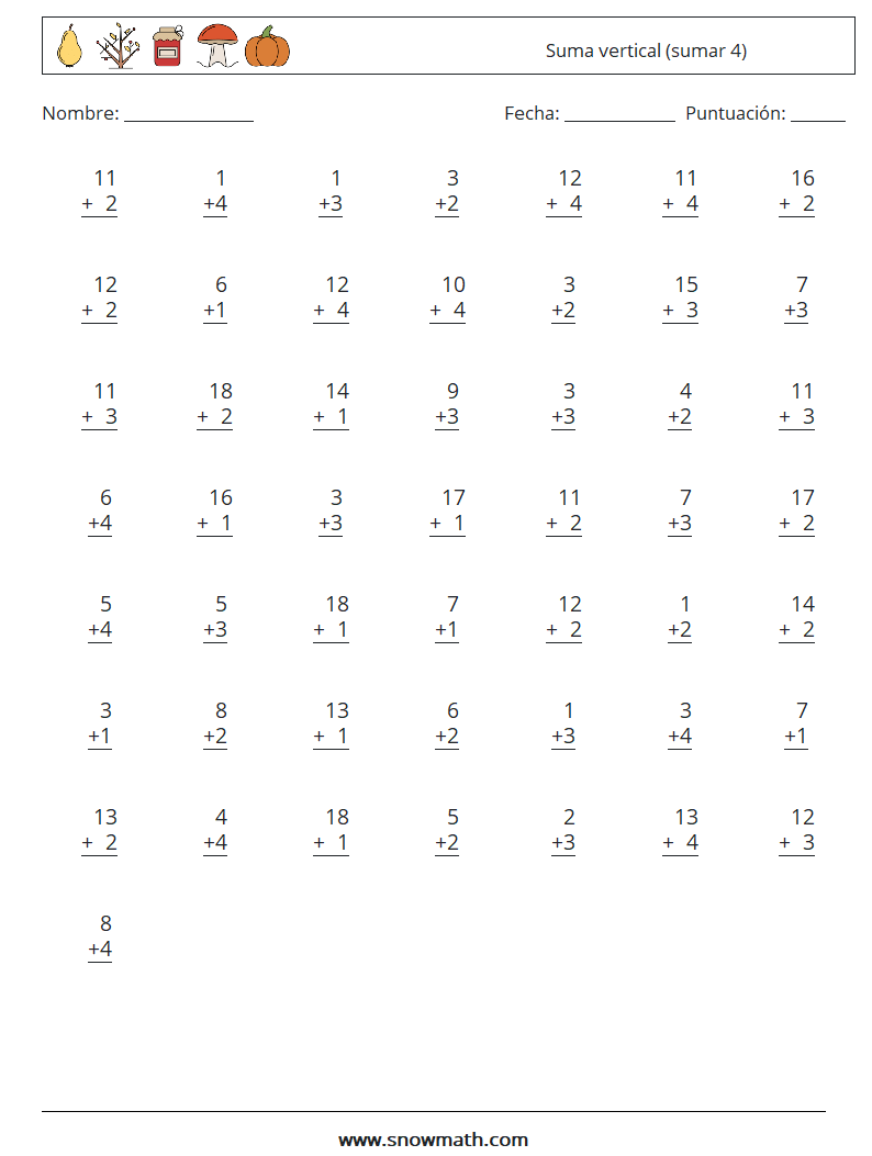(50) Suma vertical (sumar 4) Hojas de trabajo de matemáticas 6