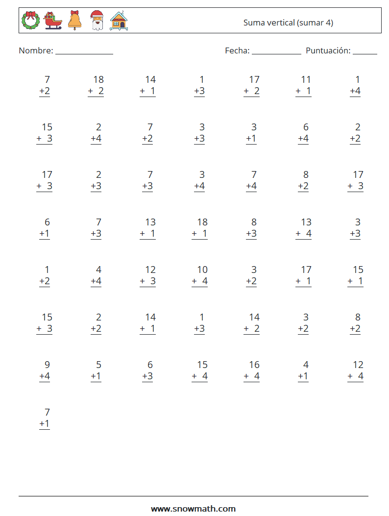 (50) Suma vertical (sumar 4) Hojas de trabajo de matemáticas 7