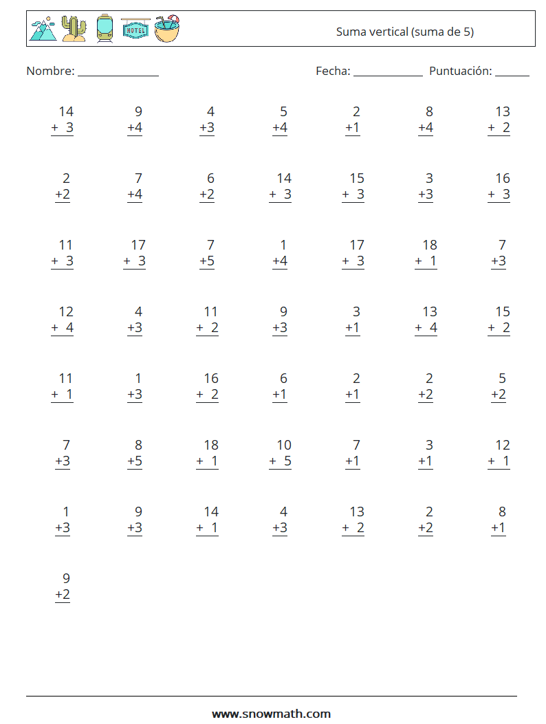 (50) Suma vertical (suma de 5) Hojas de trabajo de matemáticas 10