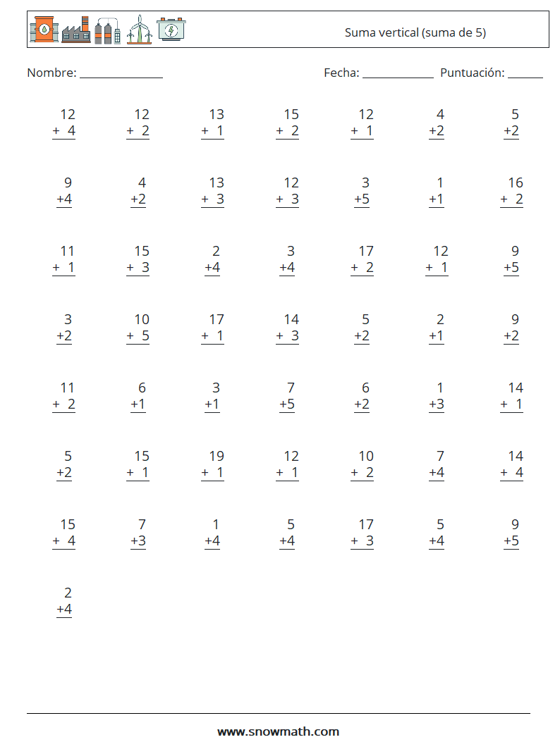 (50) Suma vertical (suma de 5) Hojas de trabajo de matemáticas 11