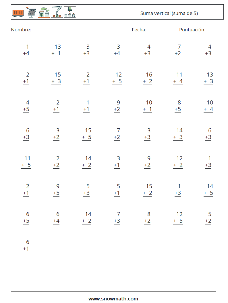 (50) Suma vertical (suma de 5) Hojas de trabajo de matemáticas 14