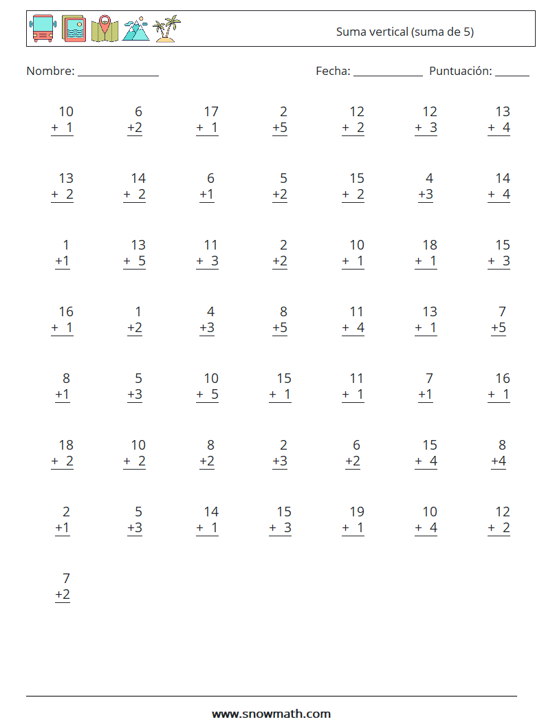 (50) Suma vertical (suma de 5) Hojas de trabajo de matemáticas 15
