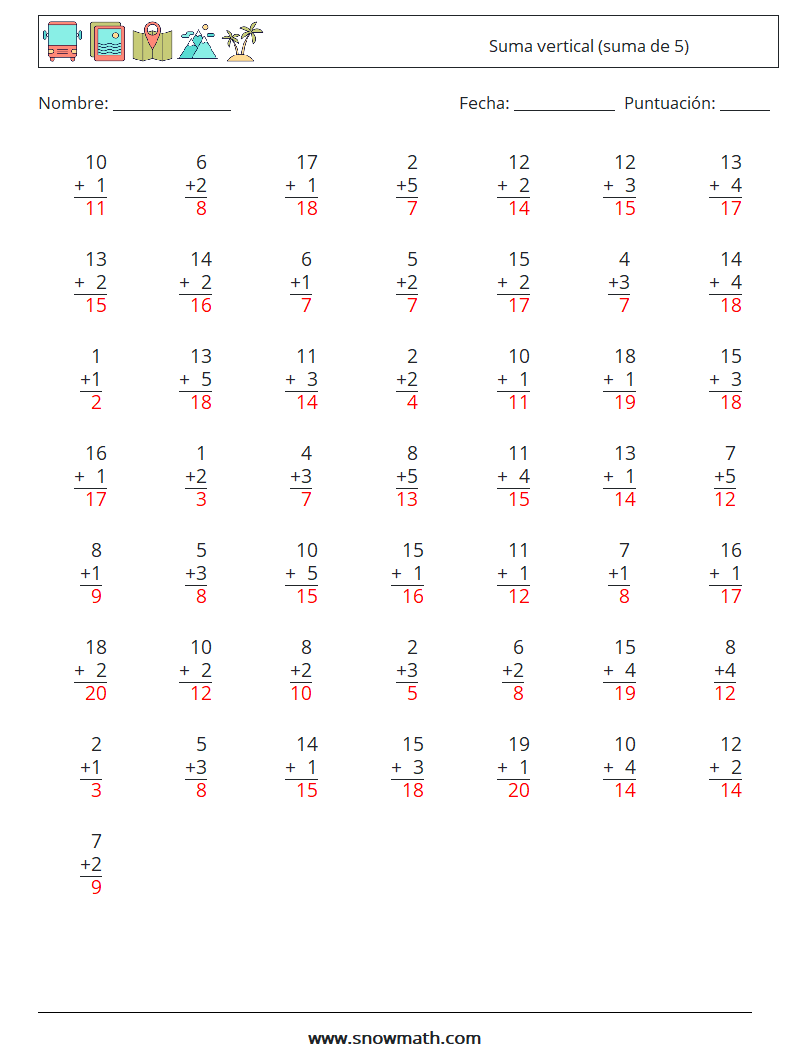 (50) Suma vertical (suma de 5) Hojas de trabajo de matemáticas 15 Pregunta, respuesta