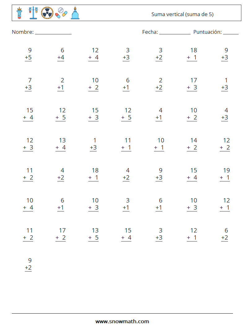 (50) Suma vertical (suma de 5) Hojas de trabajo de matemáticas 16