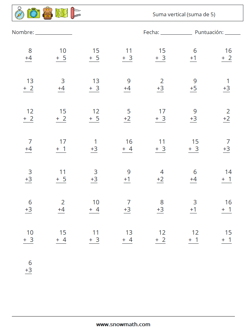 (50) Suma vertical (suma de 5) Hojas de trabajo de matemáticas 17
