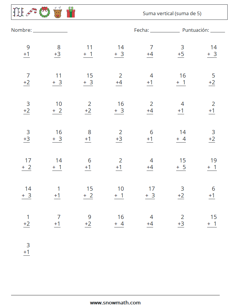 (50) Suma vertical (suma de 5) Hojas de trabajo de matemáticas 18