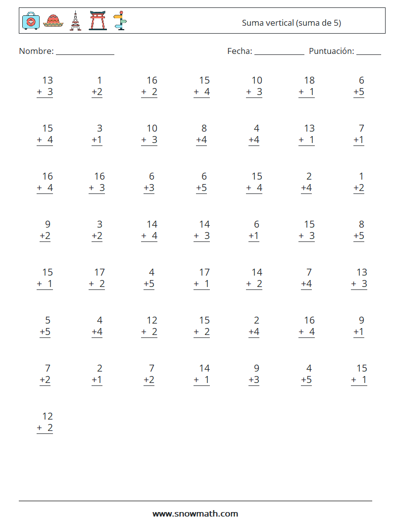 (50) Suma vertical (suma de 5) Hojas de trabajo de matemáticas 2