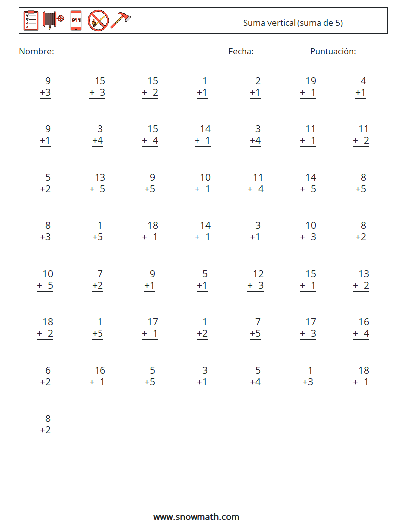 (50) Suma vertical (suma de 5) Hojas de trabajo de matemáticas 3