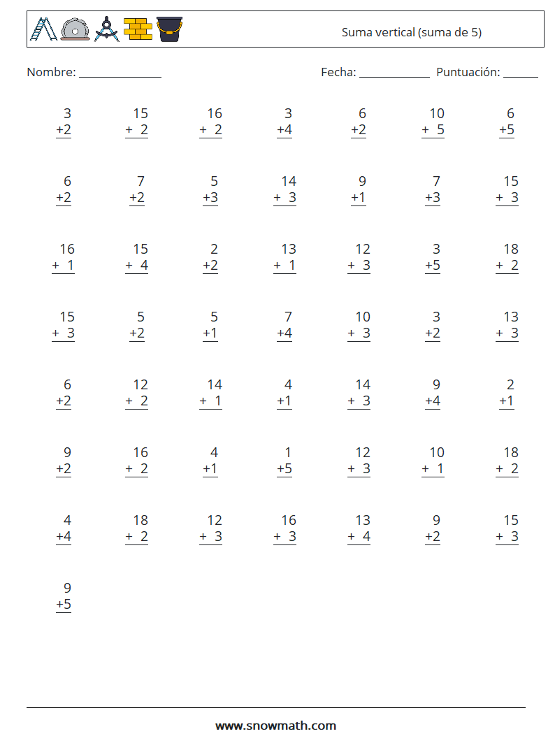 (50) Suma vertical (suma de 5) Hojas de trabajo de matemáticas 4