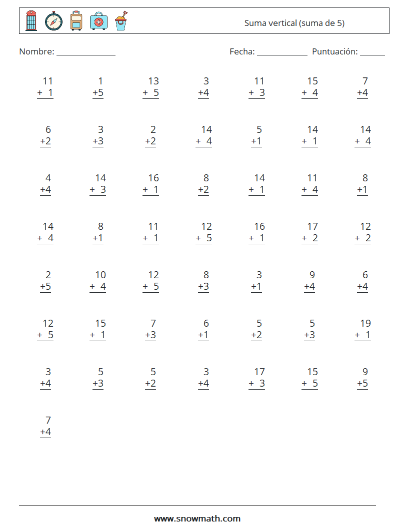 (50) Suma vertical (suma de 5) Hojas de trabajo de matemáticas 5