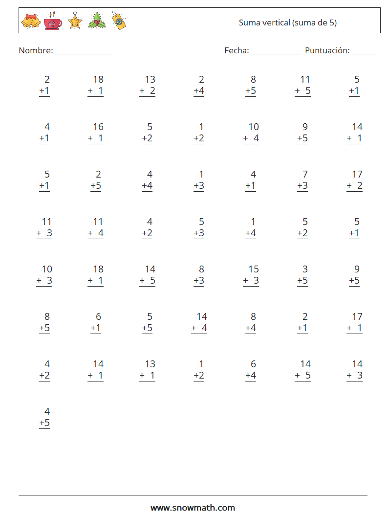 (50) Suma vertical (suma de 5) Hojas de trabajo de matemáticas 6