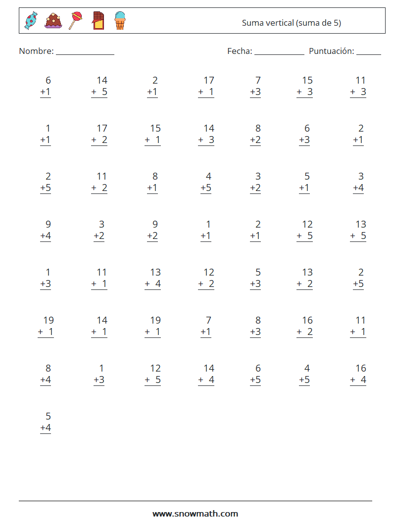 (50) Suma vertical (suma de 5) Hojas de trabajo de matemáticas 7