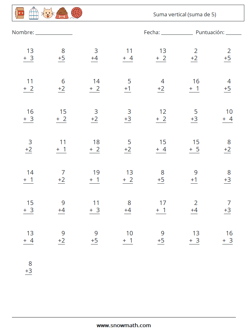 (50) Suma vertical (suma de 5) Hojas de trabajo de matemáticas 8