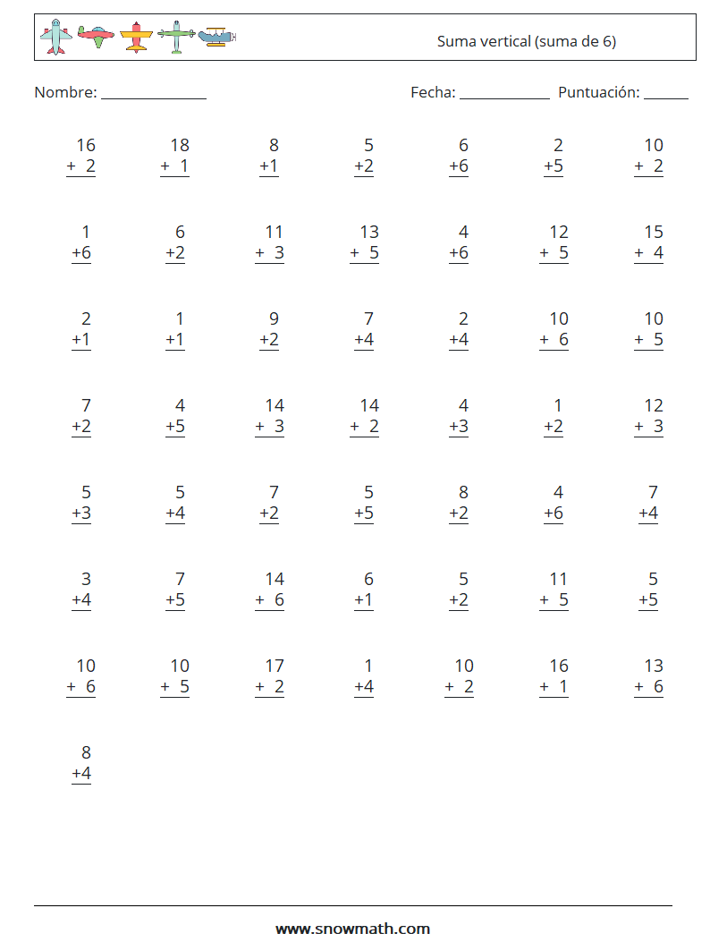 (50) Suma vertical (suma de 6) Hojas de trabajo de matemáticas 10