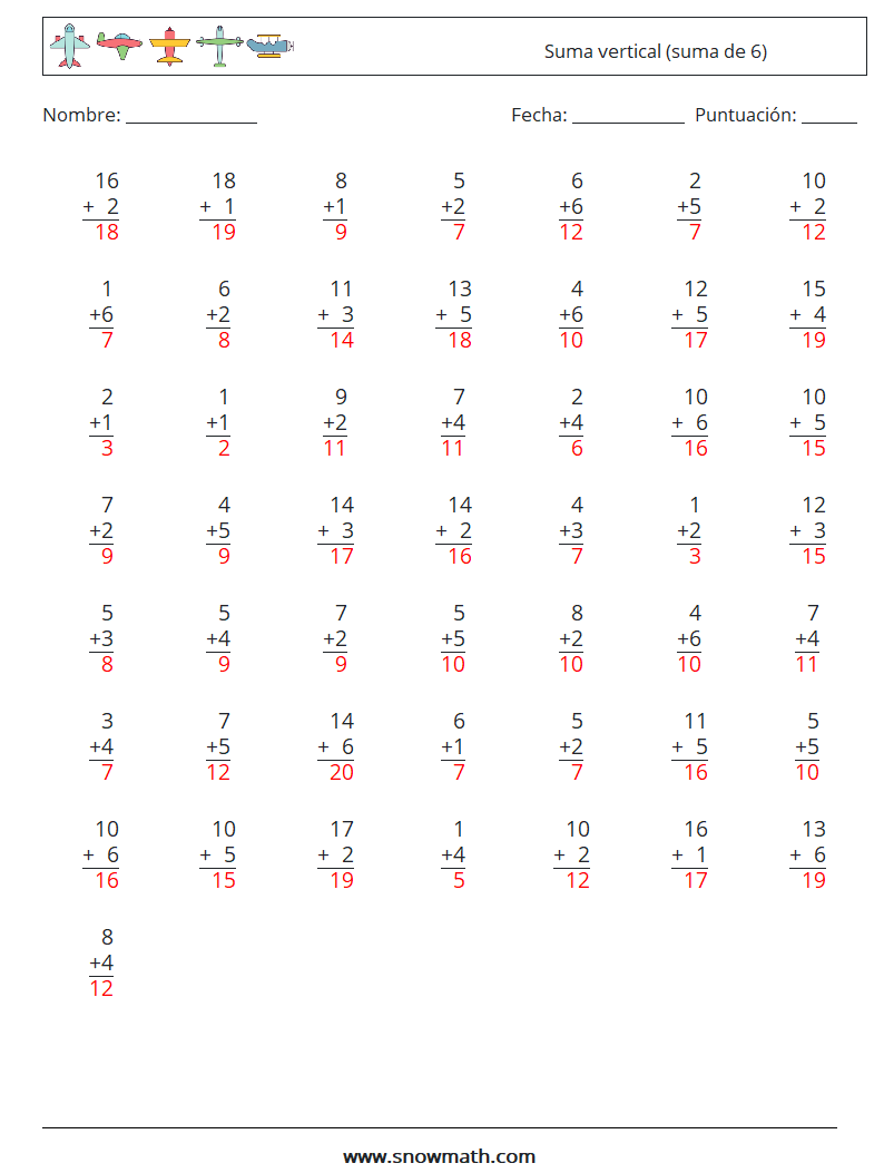 (50) Suma vertical (suma de 6) Hojas de trabajo de matemáticas 10 Pregunta, respuesta